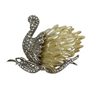 Nolan Miller Swan Brooch Faux Pearl Feathers Clear Rhinestone Body Silver Tone